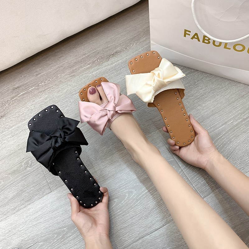 Size 43 Women Summer Sandals Satin Bow Flat Shoes Pearl Beach Sandals Suede Imitation Solid Color Sandals Outdoor Sandals