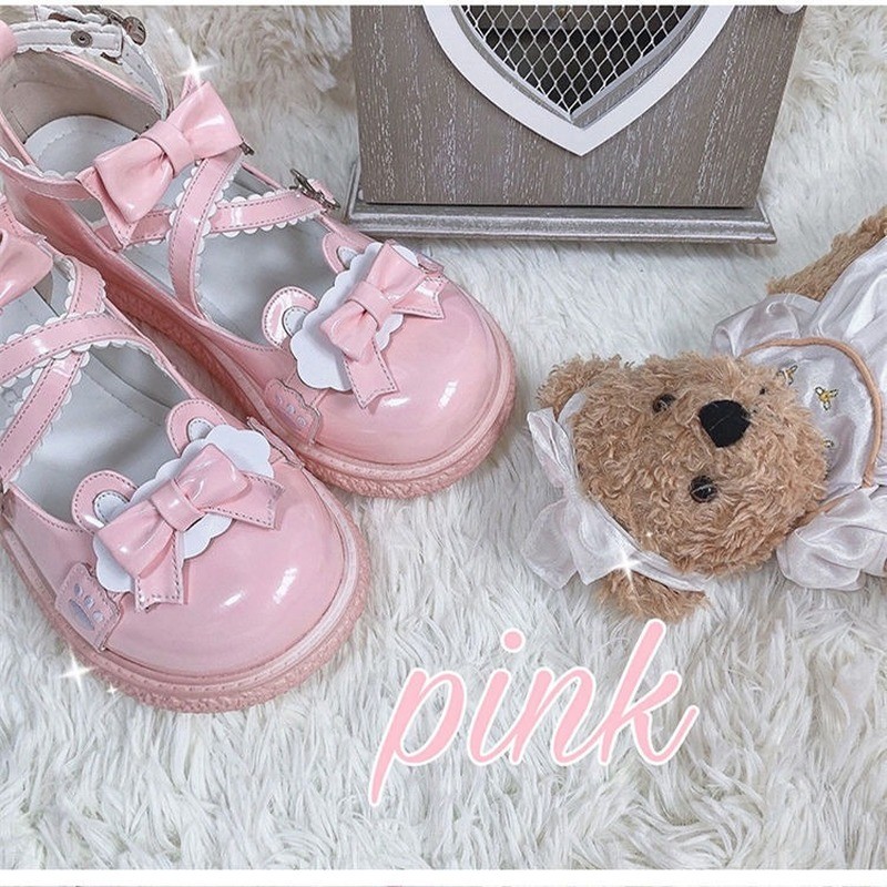Kawaii Bear Buckle Women Lolita Shoes Japanese Style Patchwork Bow Zapatillas Mujer Fashion Girls Mix Color Lace Mary Janes