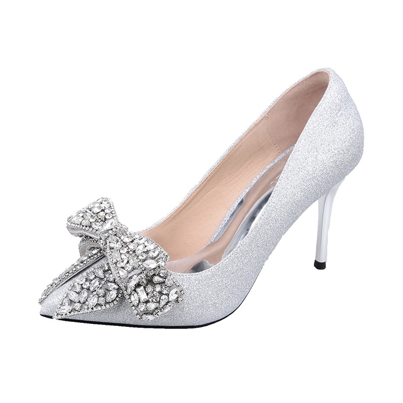 Rimocy 2022 Luxury Silver Crystal Bowknot Women Pumps Sexy Stiletto Heel Wedding Party Shoes Woman Pointed Toe Thin High Heels