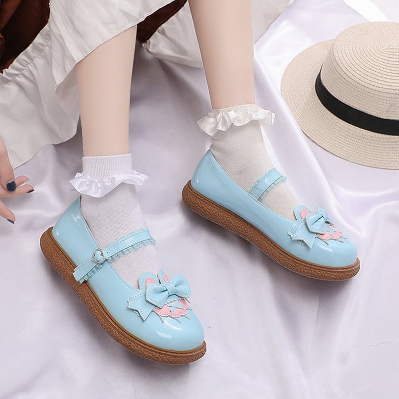 Rimocy Sweet Bowtie Mary Jane Shoes For Women Patchwork Lace Ankle Strap Flats Woman Patent Leather Lovely Lolita Platform Shoes