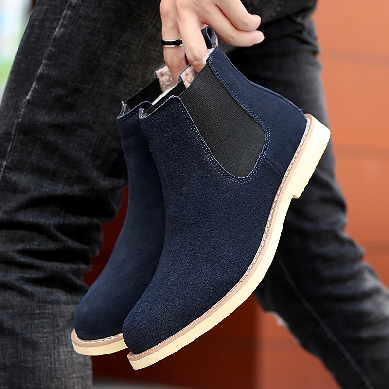 Chelsea Mens Boots 2021 Winter Fur Warm Ankle Blue Slip On Boots High Quality Genuine Leather Man Leisure Boots Male Botas