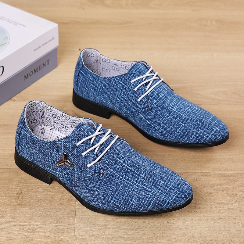 Men's classic business shoes man dress shoes fashion korea pointed toe lace-up formal wedding shoes men blue hemp 2021 new