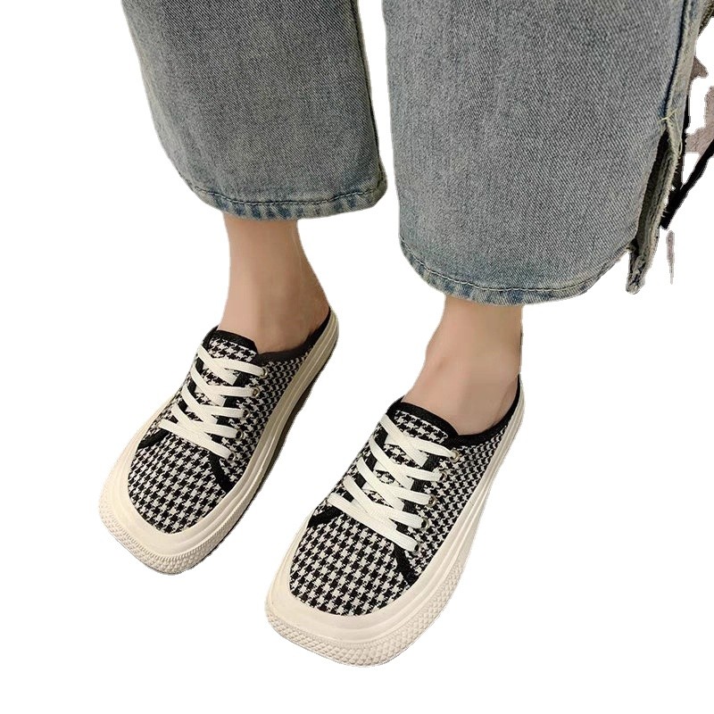 Canvas sandals and slippers women 2022 new style baotou back blank loafers students leisure one pedal square toe flat shoes