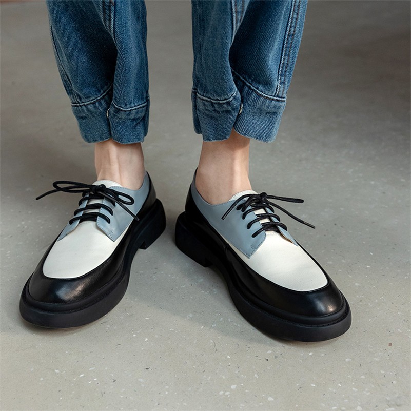 Meotina - Women's Genuine Leather Flat Shoes, Round Toe Casual Shoes, With Cross Laces, Spring 2021