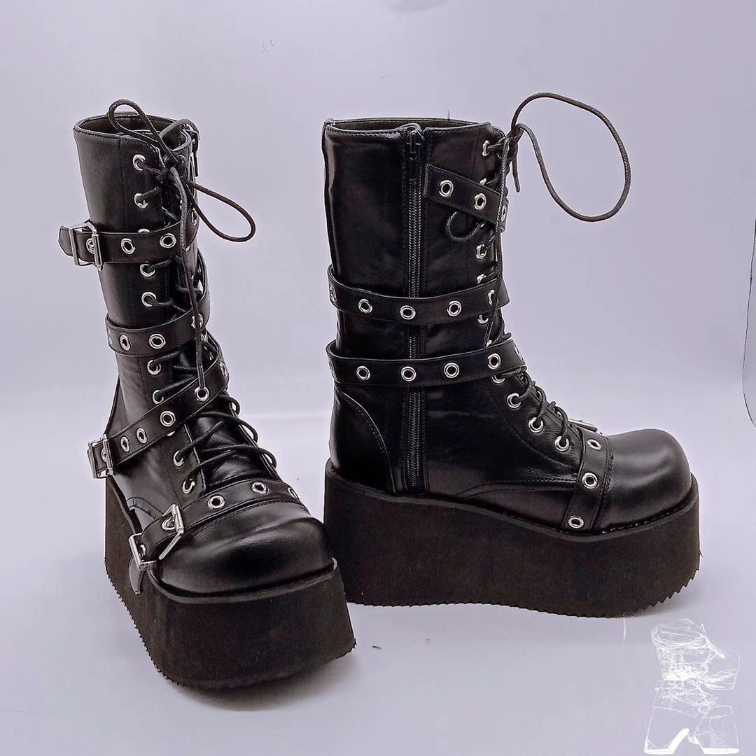 Plus Size 43 Autumn Women Boots Buckle Round Toe Wedges Platform Boots Punk Goth INS Women Street Shoes Combat Boots For Women