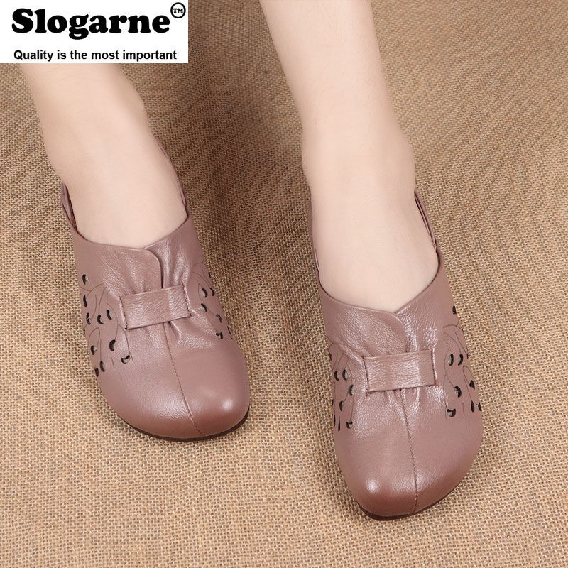 Women's spring summer new single shoes retro soft sole woman shallow flats hollow leather shoes plus size wedges low heels