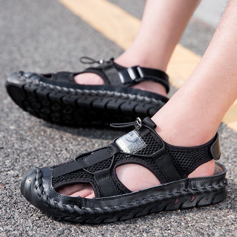 2022 Summer New Men's Handmade Mesh Sandals Brand Classic Black Beach Sandals Fashion Casual Sports Outdoor Slippers Big Size