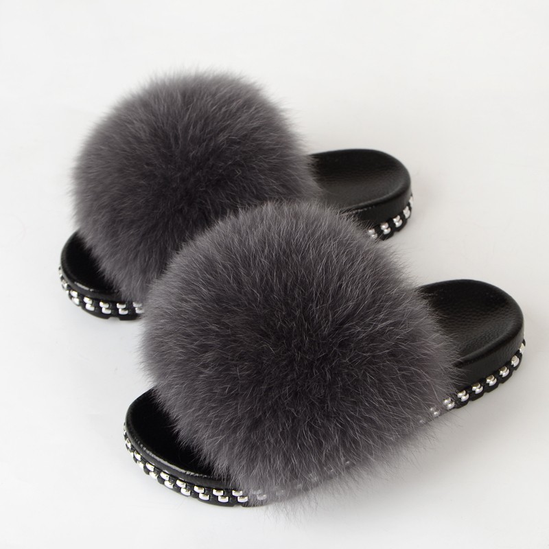 Fur Slippers Women Real Fox Fur Slides Fluffy Home Slippers Luxury Flip Flop with Fur Ladies Platform Sandals Summer Shoes Women