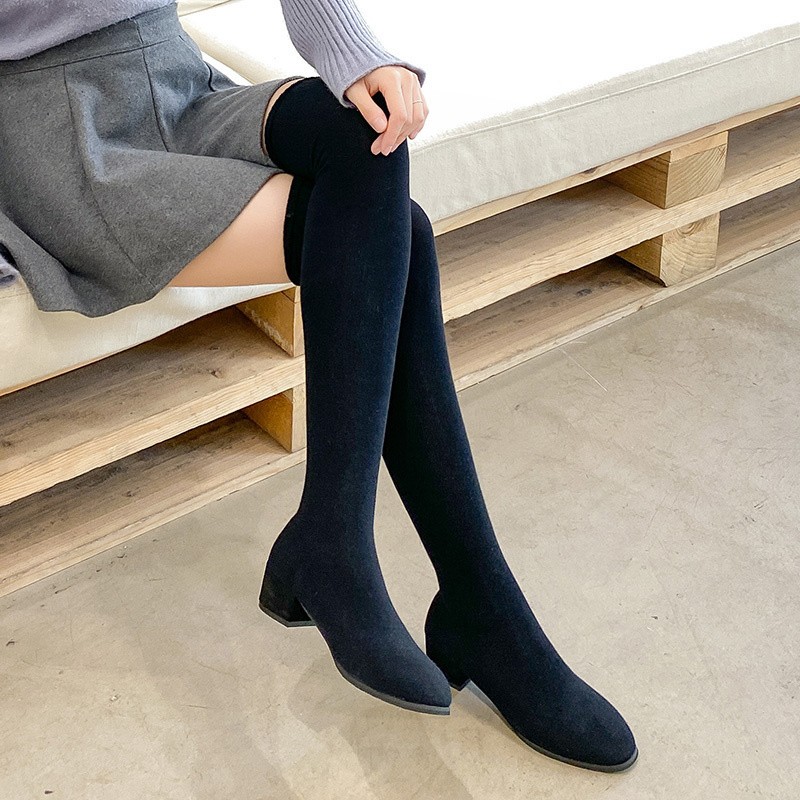 Women Over The Knee Sock Boots Knitting Sock Boots Pointed Toe Elastic Slim Female Thigh High Boots Flat Botas De Mujer Boots