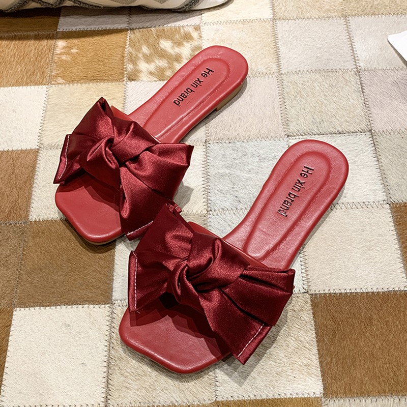 Rimocy Fashion Satin Bowtie Women's Flat Sandals Summer 2022 PU Slippers Outdoor Woman Comfortable Slides for Women Flip Flops