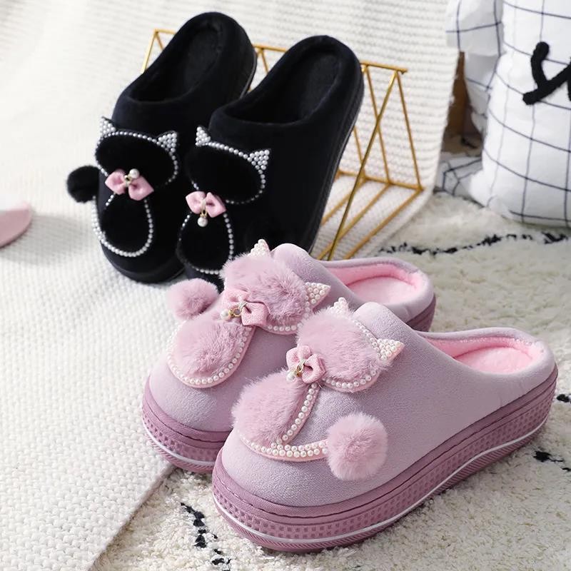 Winter Warm Slippers Polyester Cotton Women Home Shoes Lovely Non-slip Indoor Slides Corduroy Couple Slippers Women's Shoes