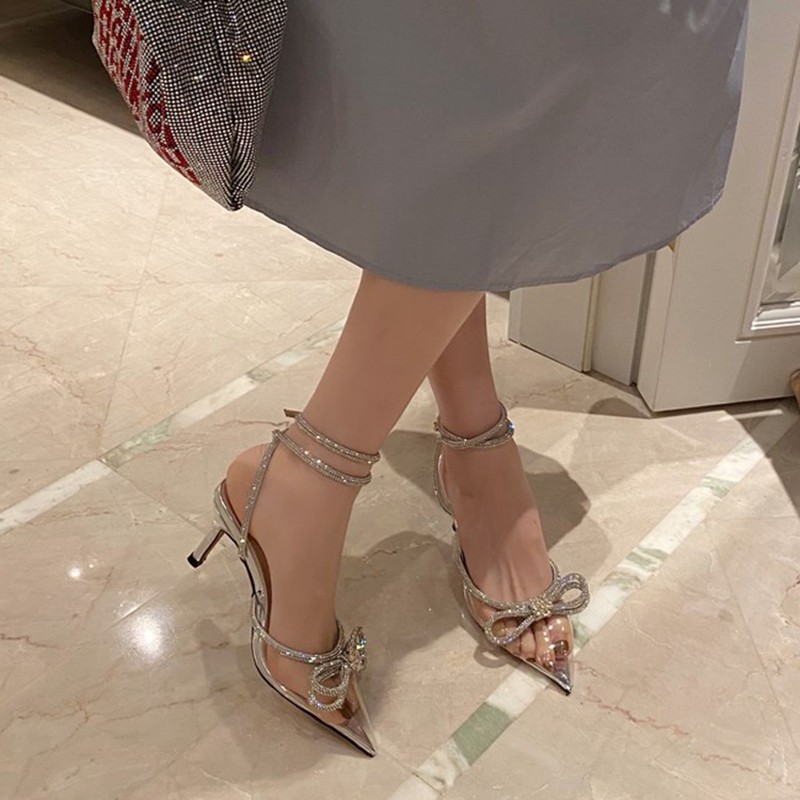 Sexy Pointed Toe Rhinestone Pumps Women Crystal Ankle Strap High Heels Sandals Female 2022 Summer Silk Satin Wedding Shoes Woman