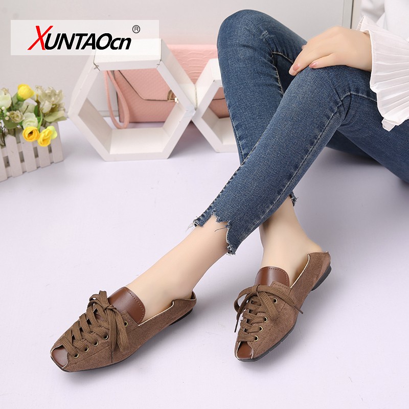 Personality women shoes 2021 spring lace-up loafers fashion soft square toe flats for women shoes black loafers women