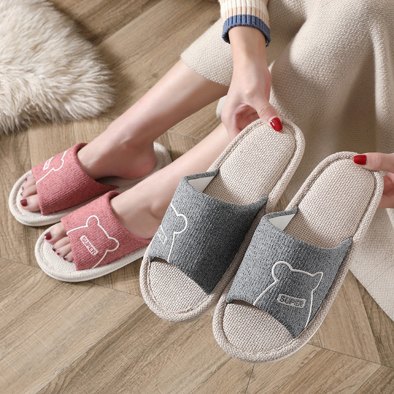 Women Indoor Linen Slippers Floor Couple Bedroom Shoes Ladies Summer Cute Cartoon Open Toes Non-slip Flip Flops Zapatillas Mujer