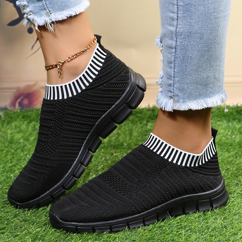 Rimocy Yellow Stripe Knitted Socks Sneakers Women Spring Summer Slip On Flat Shoes Woman Plus Size Mesh Breathable Running Shoes