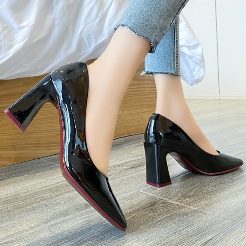 2022 Lucifer Women's Glossy Faux Leather Shoes Square Heel Spring Shoes Women High Heels Office Lady Shoes Shallow Mouth