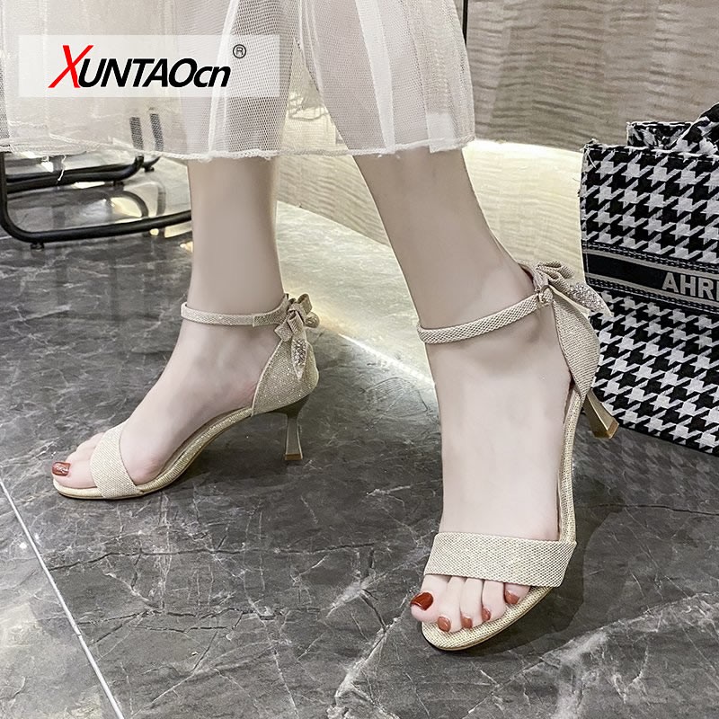 Flock Beige High Heels Sandals for Women 2020 Summer Shoes Women Fashion Open Toe Buckle Casual Sandals Square Heel Women's Shoes