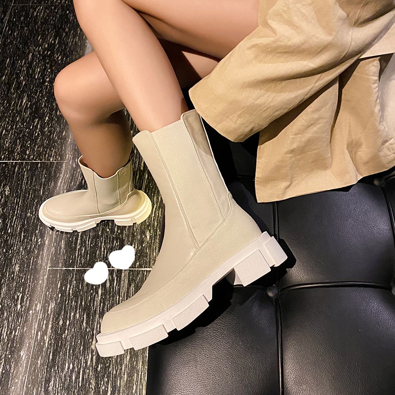 INS HOT Women Ankle Boots Genuine Leather 22-25cm Cowhide Stitching Knit Chelsea Boots Cyberstar Skinny Boots 11-11 Discount