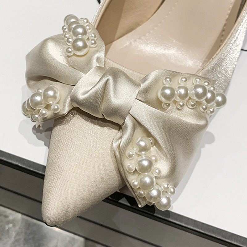 Lucifer Women Pearl Bowknot Stiletto Heel 2022 Pointed Toe Silk Wedding Party Shoes Elegant Feminine Shallow Mouth Shoes