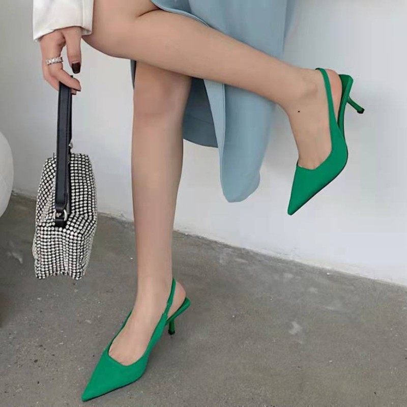 Lucyember 2022 Solid Color High Heels Pumps Women Spring Summer Pointed Toe Slingback Shoes Women Thin Heel Mules Sandals Ladies