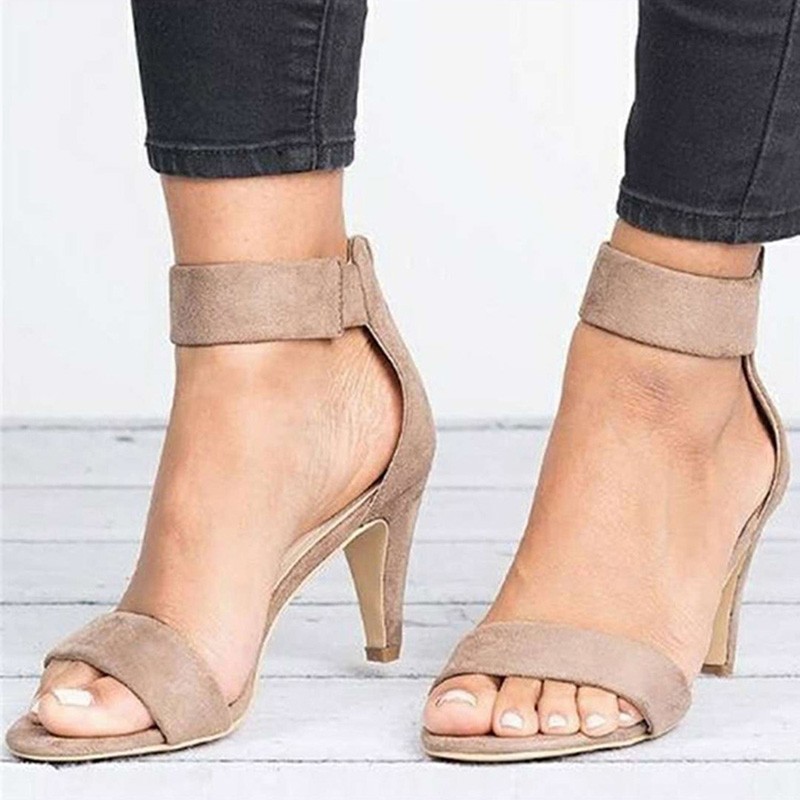 Summer new open toe round head stiletto women's sandals bag zipper suede slimming word women's shoes