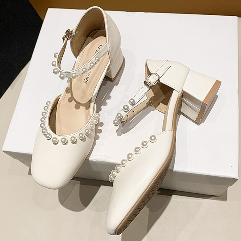Rimocy Elegant Chain Bead Mary Janes Shoes Women 2022 Spring Ankle Strap Thick Heel Pumps Woman Square Toe Pearl Party Shoes