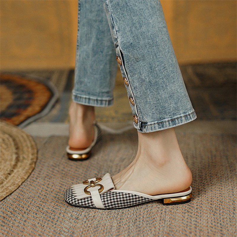 Meotina Women Mules Shoes Genuine Leather Flat Shoes Fringe Metal Decoration Square Toe Women's Shoes Spring Autumn Brown 40