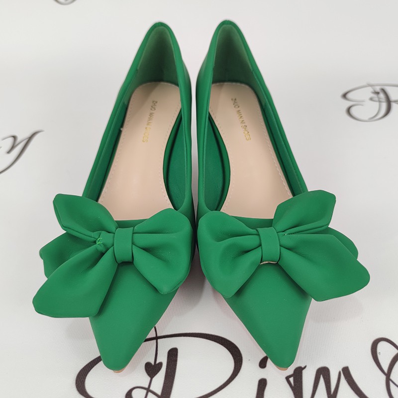 Rimocy Sexy Pointed Toe Bowknot Pumps Women Slip On PU Leather High Heel Shoes Woman Thin Heel Solid Color Green Party Shoes