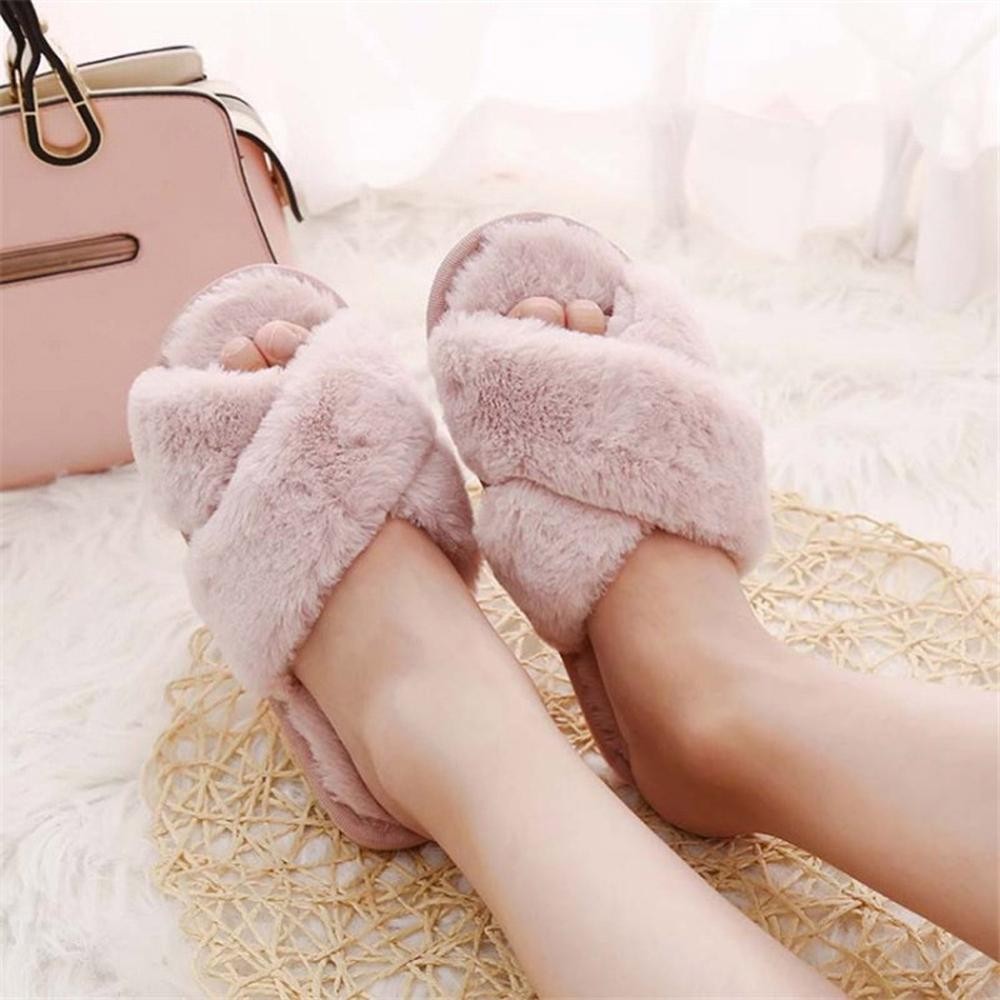 Women Fluffy Winter Sandal Cross Velor Open Toe Sandal Soft Warm Flat Shoes Faux Fur Slippers Home Women's Shoes WJ004