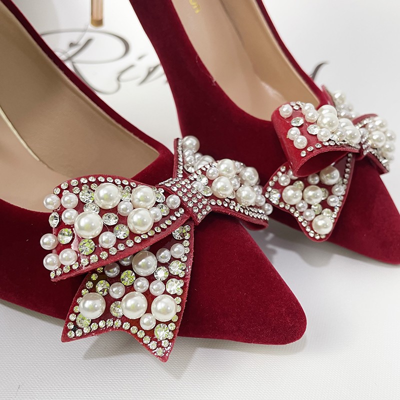 Rimocy Sexy Red Velvet Wedding Shoes for Women 2022 Luxury Pearl Bowknot Pointed Toe Pumps Woman Stiletto High Heel Dress