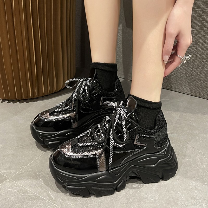 Rimocy Glitter Silver Chunky Sneakers Women Street Fashion Thick Sole Vulcanized Shoes Woman 2022 Spring High Platform Sneakers