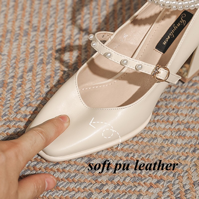 Lucifer Pearl Women Ankle Strap Mary Jane 2022 Elegant Chunky Heel Party Wedding Shoes Female Square Toe Pumps