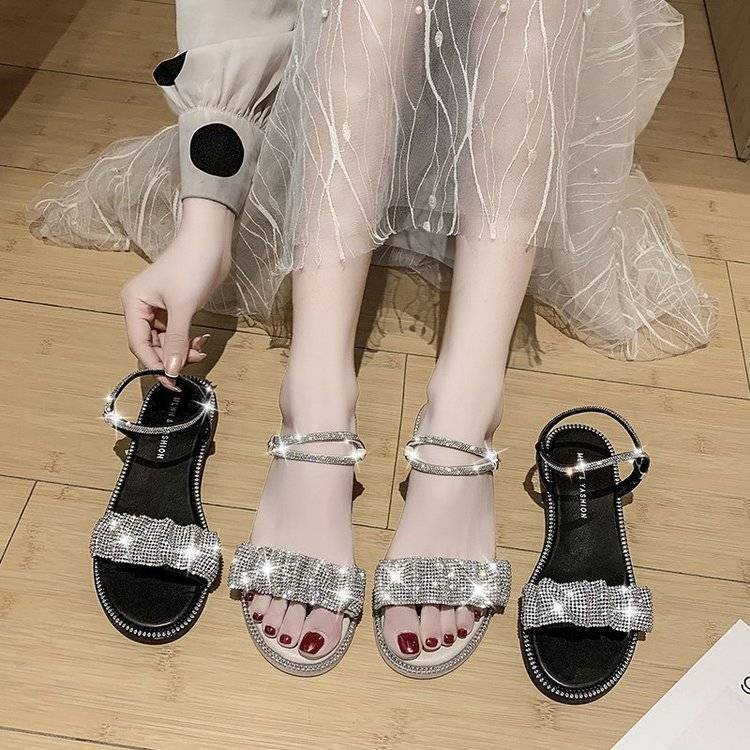 2021 New Low Heels Versatile High Heels Women Square Heel Single Line Roman Shoes Rhinestone Sandals Gladiator Slippers