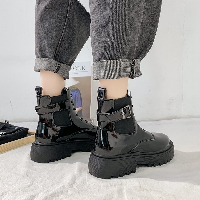 Rimocy Fashion Black Platform Women's Boots Autumn Winter 2021 PU Leather Chunky Ankle Boots Woman Waterproof Motorcycle Boots