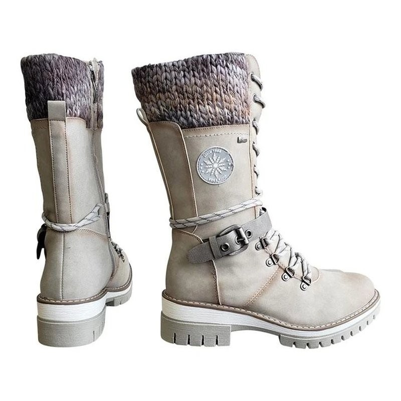 Women's Winter Side Pull Lace-up Knitted Mid Tube Boots Low Heel Round Toe Boots High Quality Winter Warm Boots Botas De Mujer