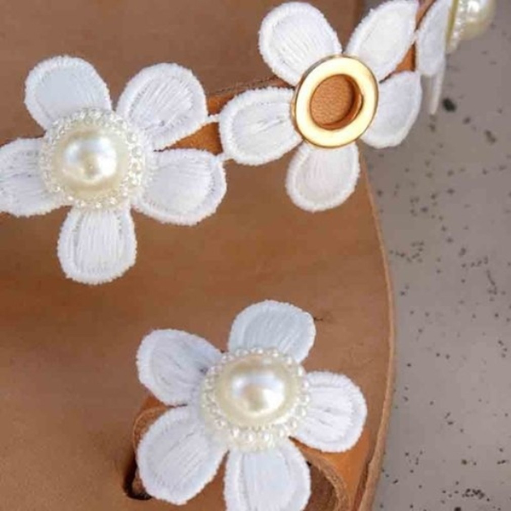 Women Bohemia Flower Flat Summer Sandals Shoes Slippers Ladies Girls Gladiator Sandals Pearl Shoes Sandalias Mujer Flip Flop 44