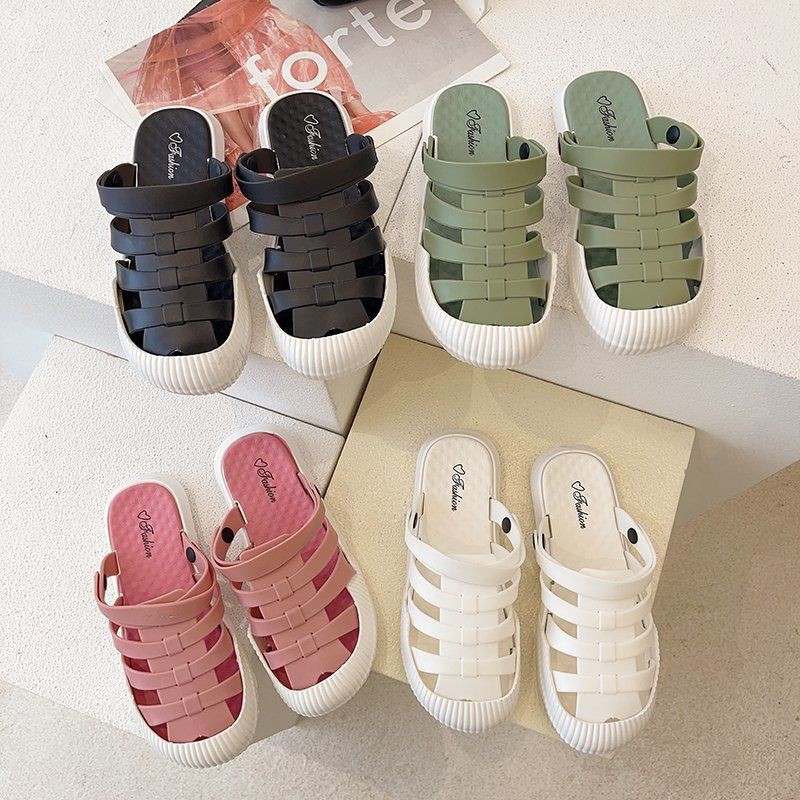 2021 summer new semi slippers korean non-slip hole beach shoes wear fashion sandals for women flat with rubber house slippers