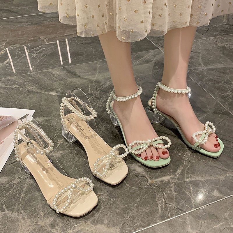 Rimocy Pearl Ankle Strap Clear Heels Sandals Women 2022 Summer Transparent PVC Sandalias Mujer Open Toe Square Heels Party Shoes