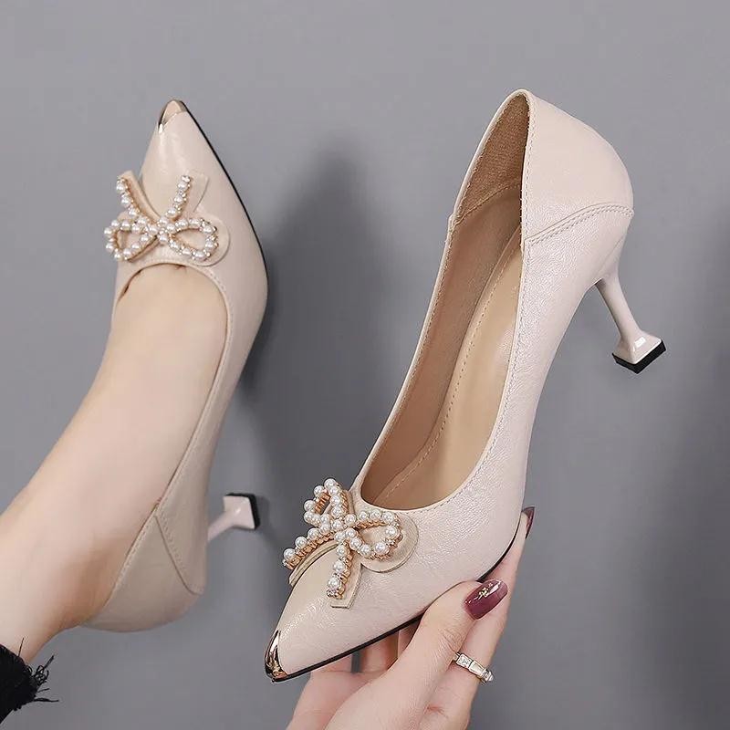 Rimocy Sexy Pointed Toe Shallow Stiletto Heel Pumps Women Fashion Pearl Bowknot High Heel Dress Party Shoes Woman Zapatos Mujer