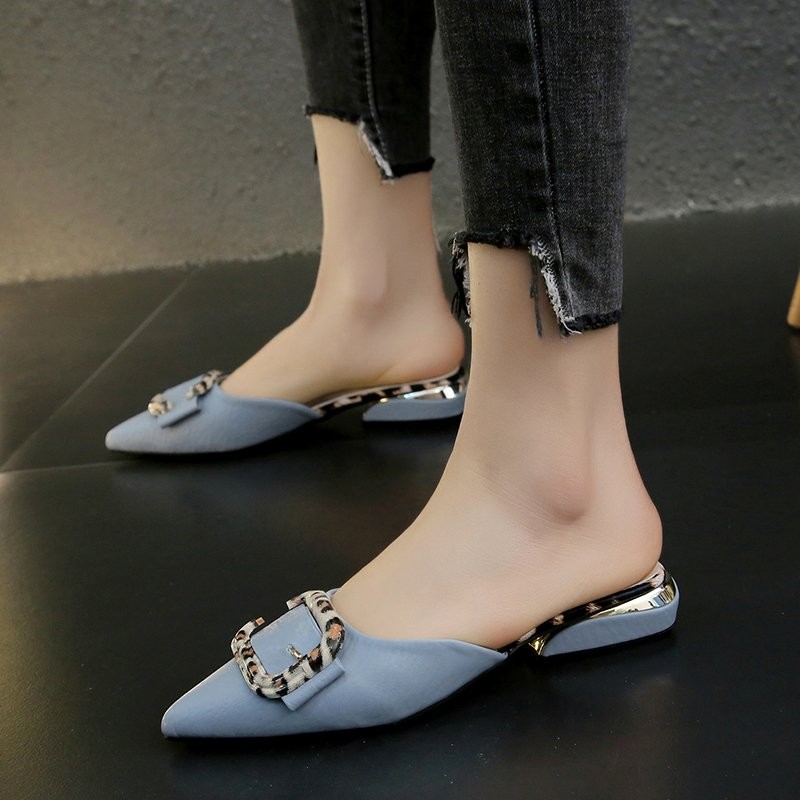 Fashion Women's Flat Shoes Pointed Toe Buckle Square Thick Heel Mules