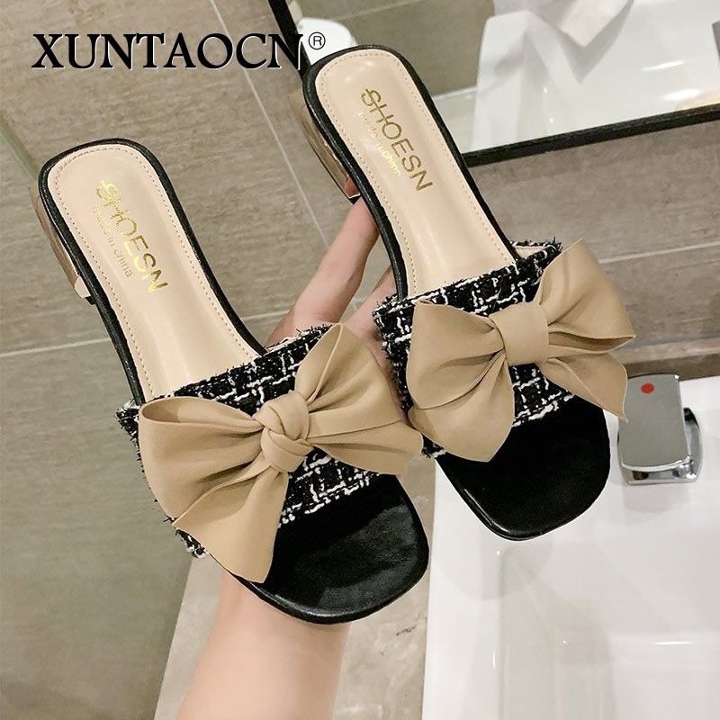 Fairy Silk bow-knot plaid fabric slippers women sandals summer lattices modern shoes woman flip flops metal heels slides femme