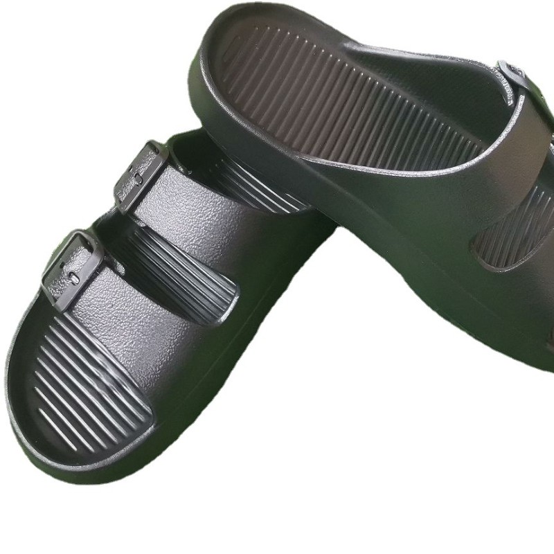 Classic black flat sandal with arch support 2 strap adjustable double buckle slip-on slide shoes non-slip rubber sole