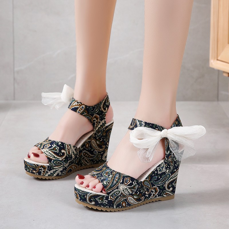 Rimocy Print Bohemia Wedges Sandals for Women 202 Summer Super High Heels Peep Toe Sandalias Mujer Plus Size Beach Platform Shoes