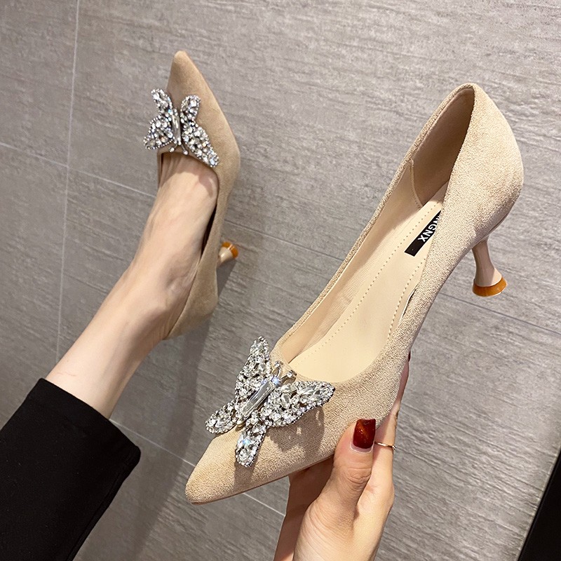 Rimocy Luxury Rhinestone Butterfly Women Pumps Sexy Pointed Toe Thin High Heel Shoes Woman Spring Summer Wedding Party Shoes