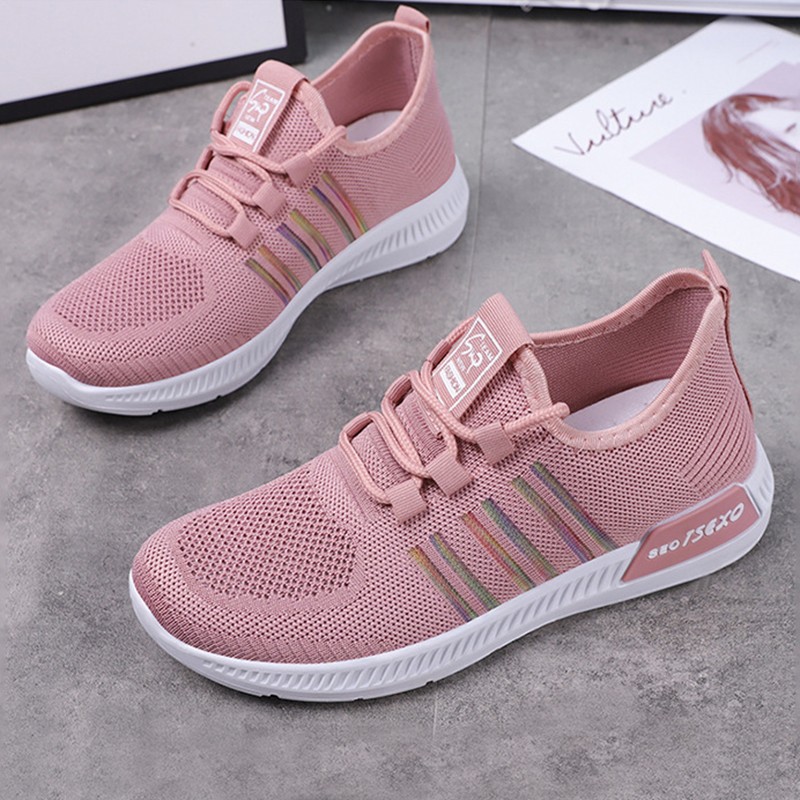 Women's sports shoes flying woven lightweight soft sole lace-up casual mesh shoes breathable shoes