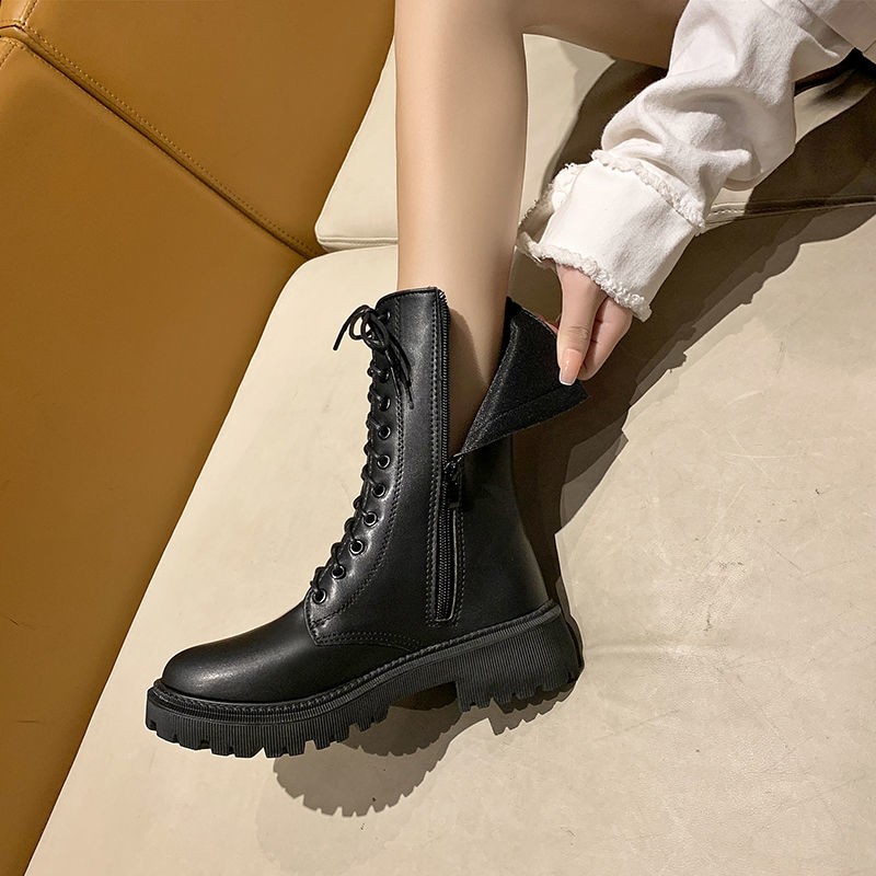 Soft leather motorcycle Martin boots single boots autumn and winter explosion style middle low-heeled British style thin boots