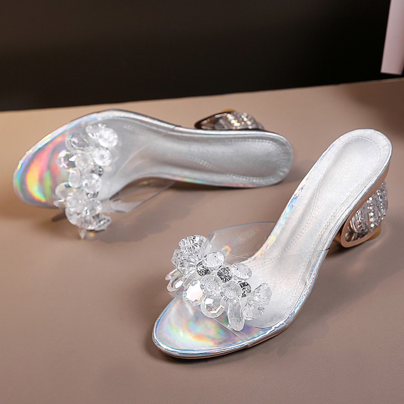 Rhinestone PVC Transparent Slippers for Women Summer 2022 Fashion Pearl High Heel Sandals Woman Silver Party Open Toe Slides