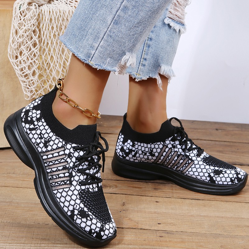 Lucyever Breathable Mesh Sneakers for Women Snake Pattern Lace Up Vulcanized Shoes Woman 2022 Comfty Non Slip Tenis Shoes 44