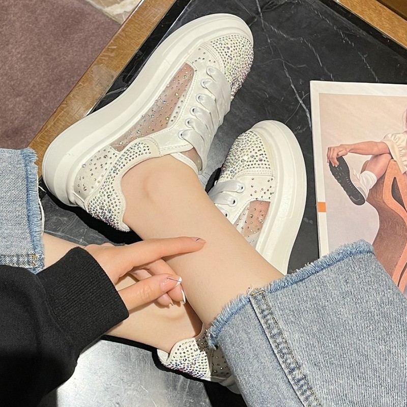 JMPRS Platform Shining Crystal Sneakers Women 2022 Spring Breathable White Mesh Sneaker Woman Comfort Flat Heel Casual Shoes