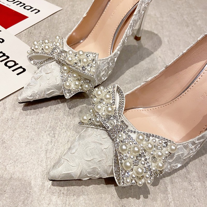 Rimocy Sexy Stiletto Heels Wedding Pumps Women Designer Luxury Pearl Bowknot Thin High Heels Pointed Toe Party Dress Shoes Woman